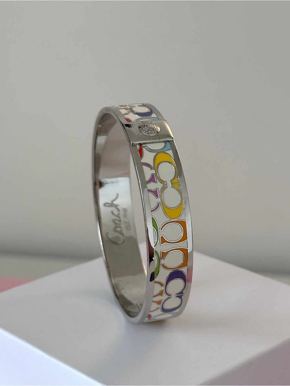 Coach Multicolor Enamel Signature C Bangle Bracelet in Silver